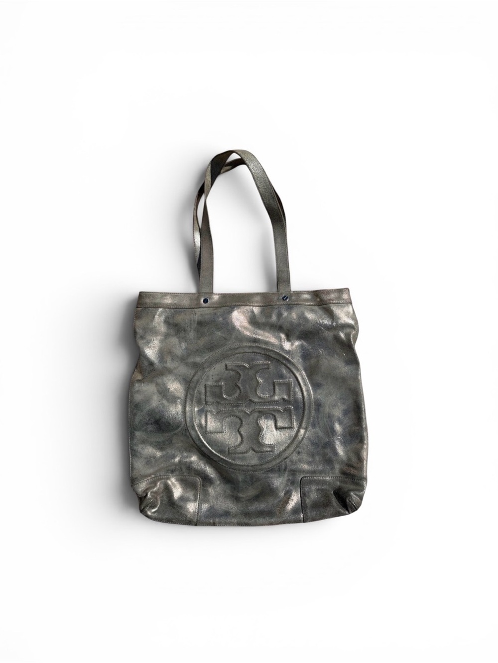 Tory Burch Metallic Silver Distressed Large Logo Leather Tote